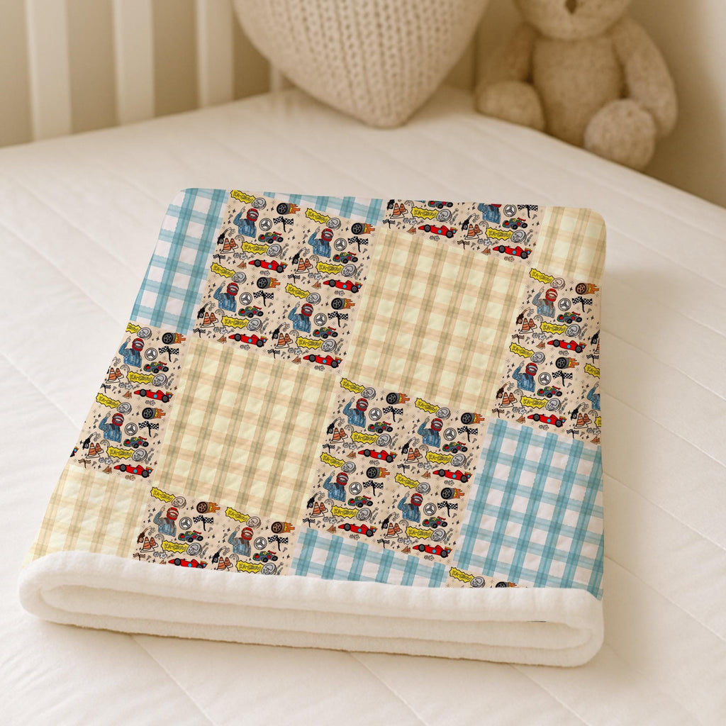 Retro Race Car Patchwork Fabric, Quilting, Apparel, Home Decor, fabric by the yard.