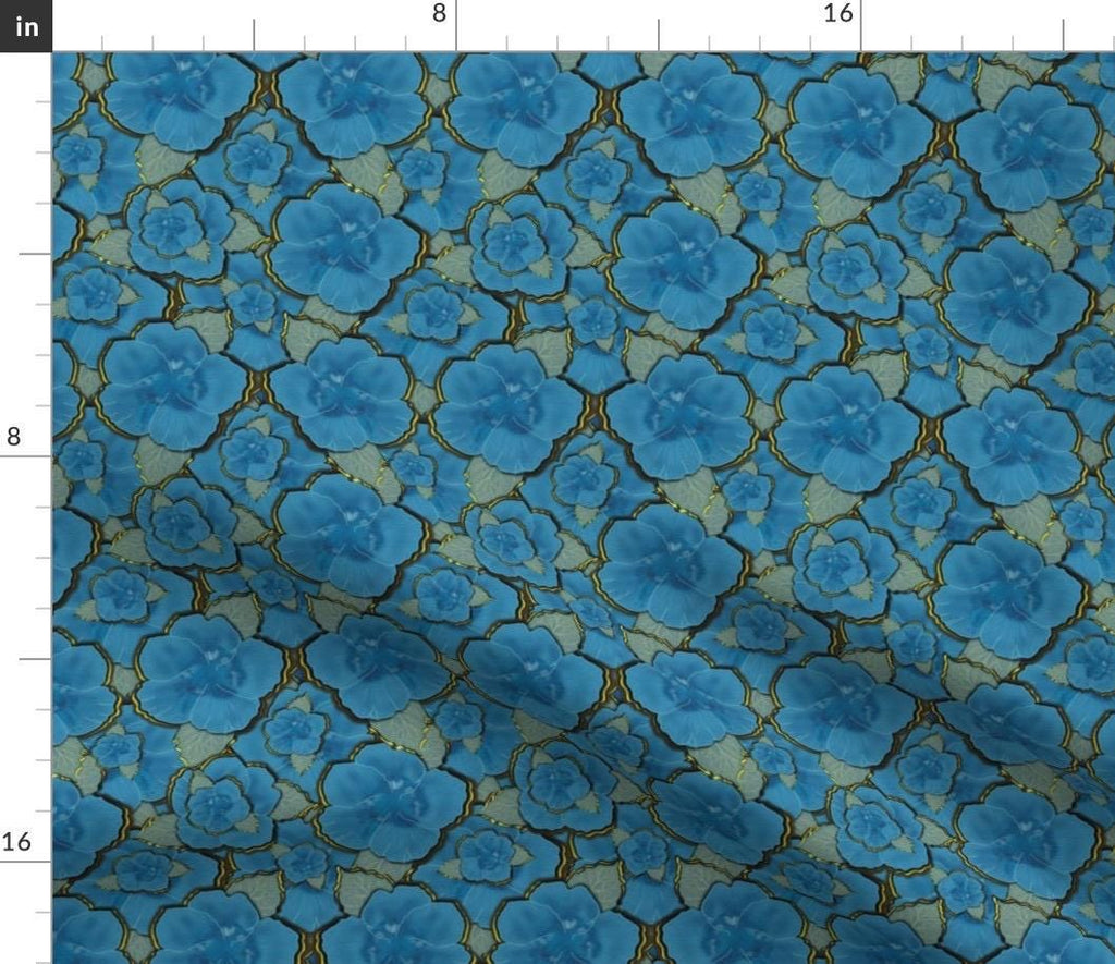 Midnight Azure Floral Fabric, Luxury Blue and Gold Botanical Seamless Pattern Fabric by the yard.