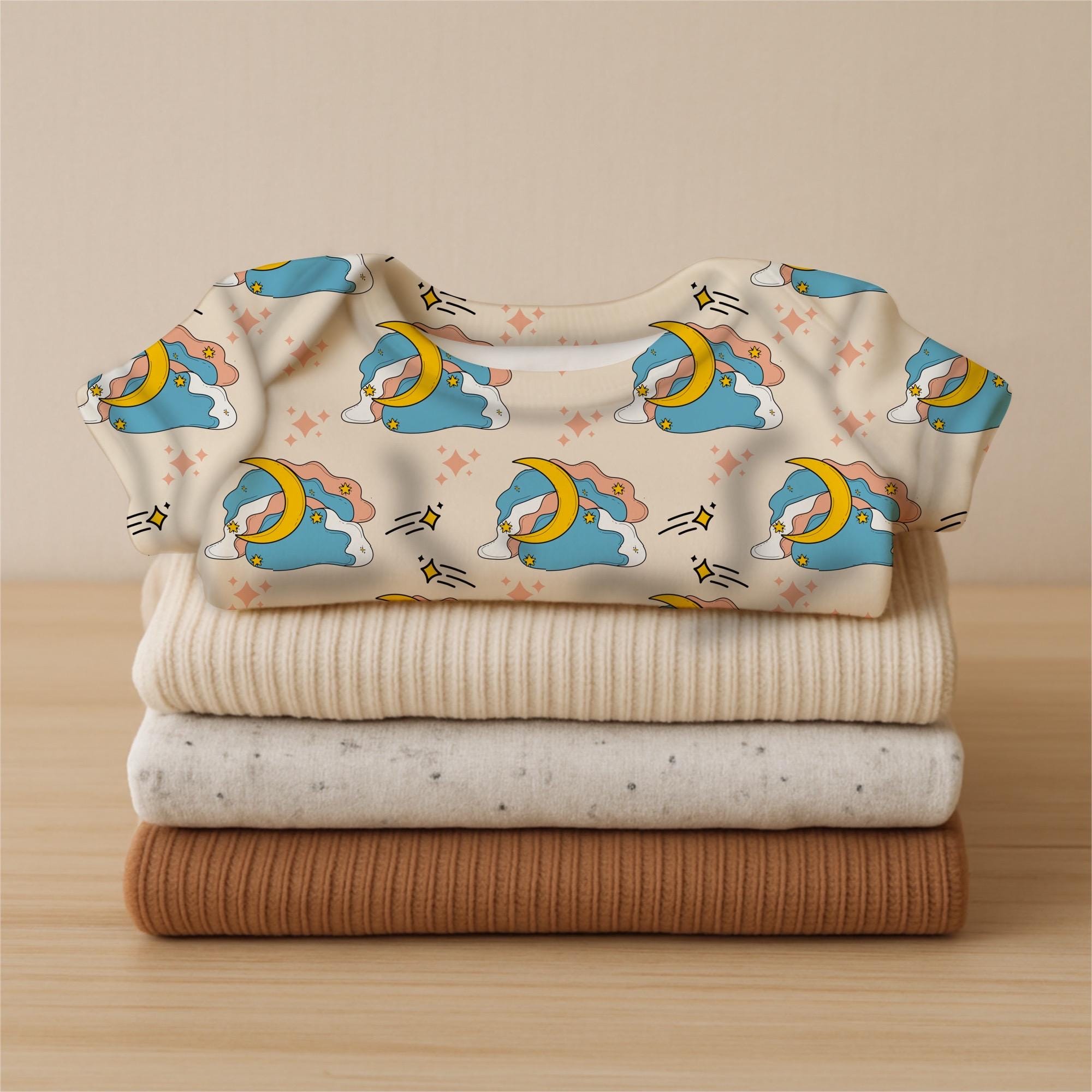 Celestial Moon Fabric by Yard | Cream Boho Star Cloud Print Quilting Cotton (Nursery Fabric)
