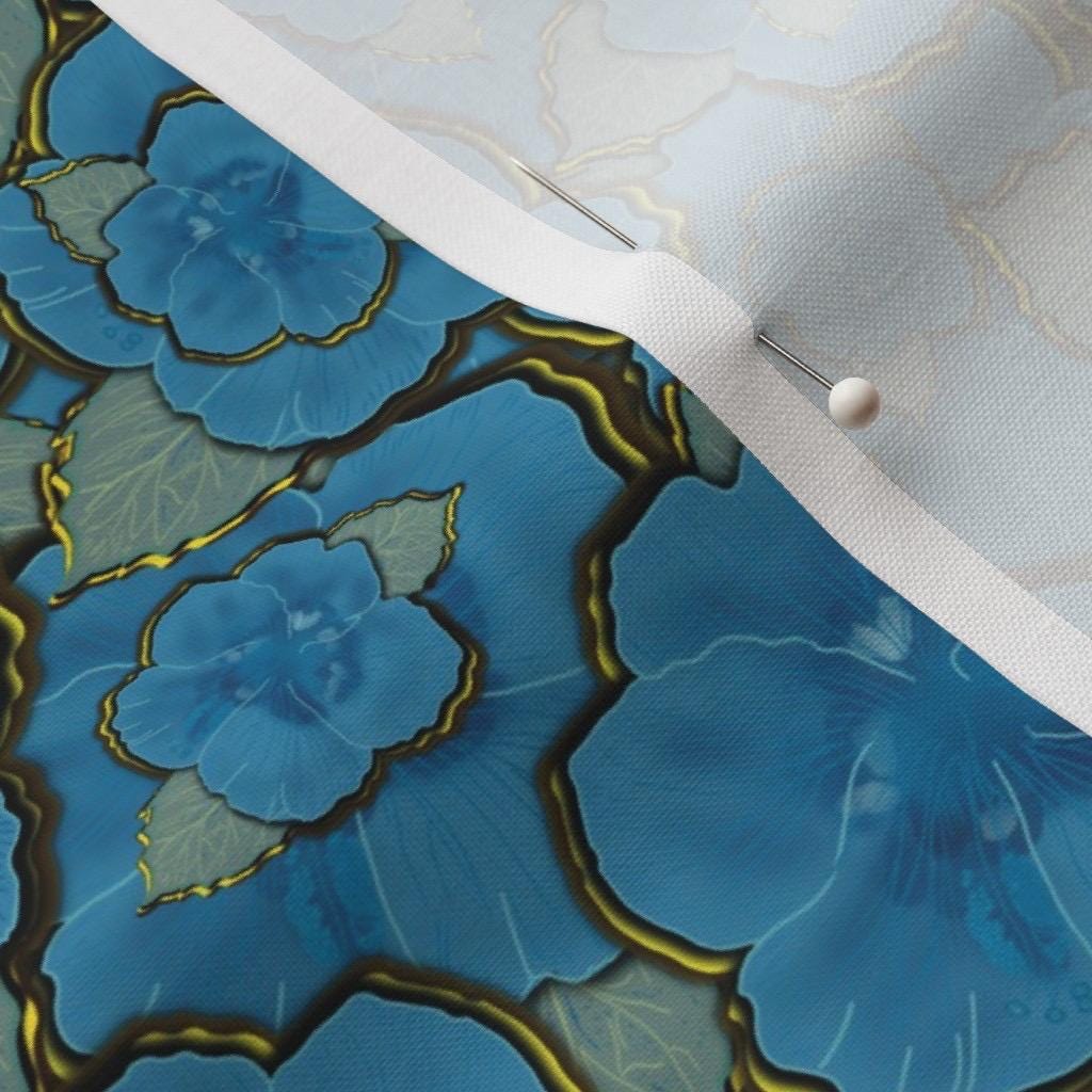 Midnight Azure Floral Fabric, Luxury Blue and Gold Botanical Seamless Pattern Fabric by the yard.