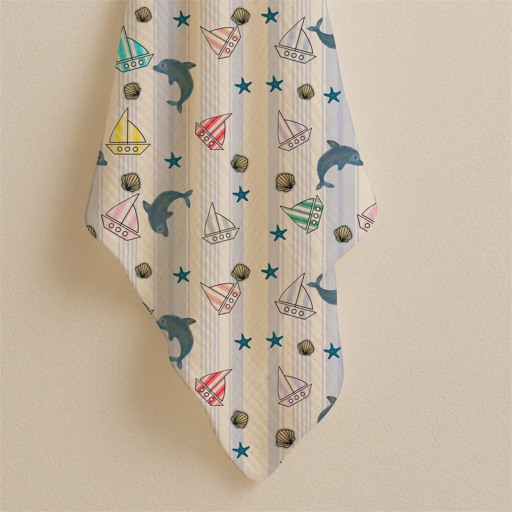 Ocean Dolphin Sailboat Nursery Fabric, Coastal Nautical Cotton Pattern