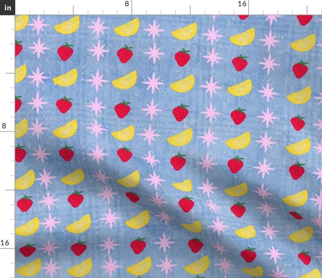 Strawberry Lemon Blue Denim fabric, vintage inspired textile, Fabric by the yard.