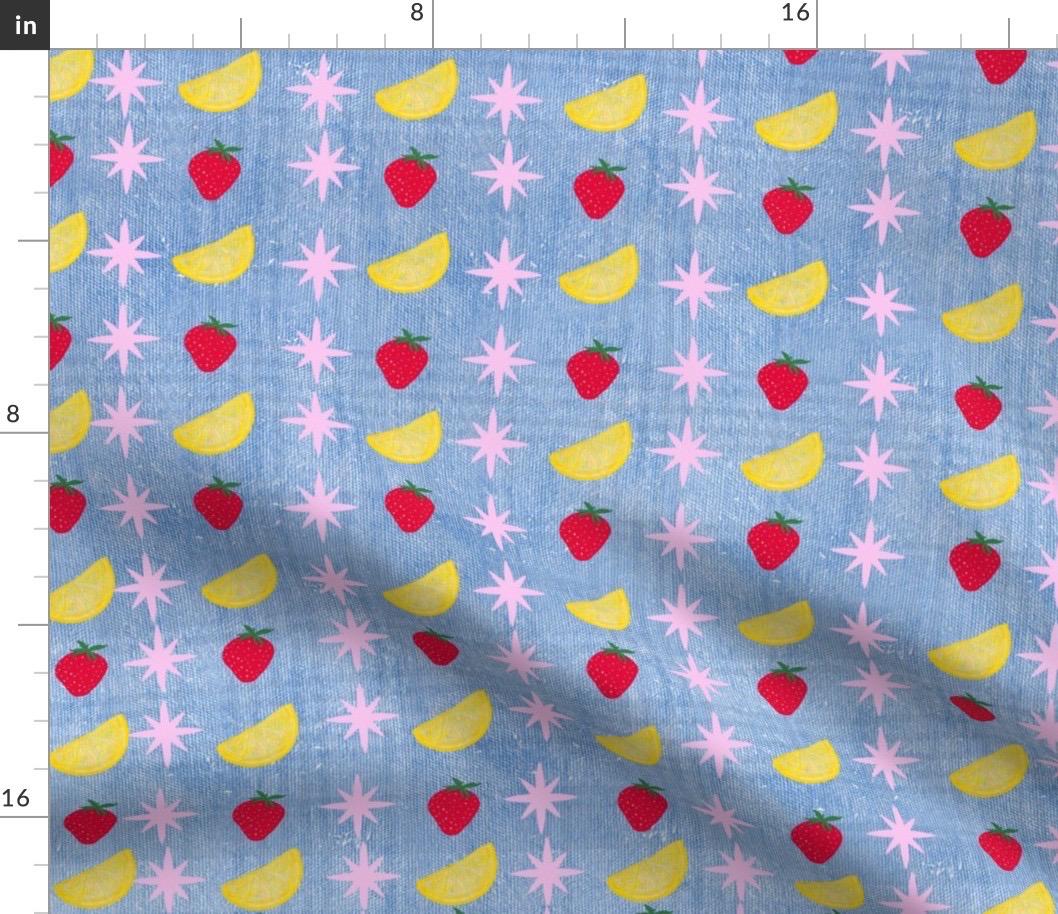 Strawberry Lemon Blue Denim fabric, vintage inspired textile, Fabric by the yard.