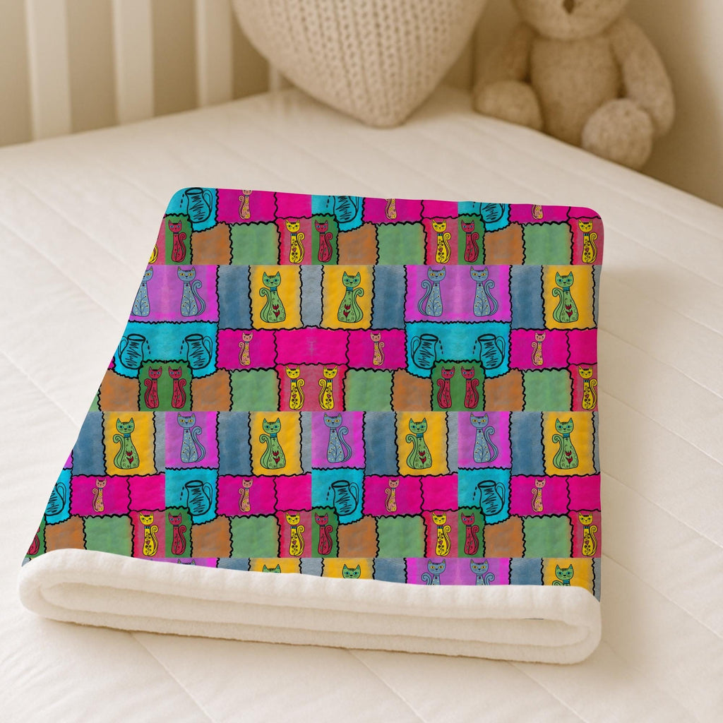 Whimsical Cat Patchwork Fabric – Folk Art Naive Illustration, Boho Quilting Cotton