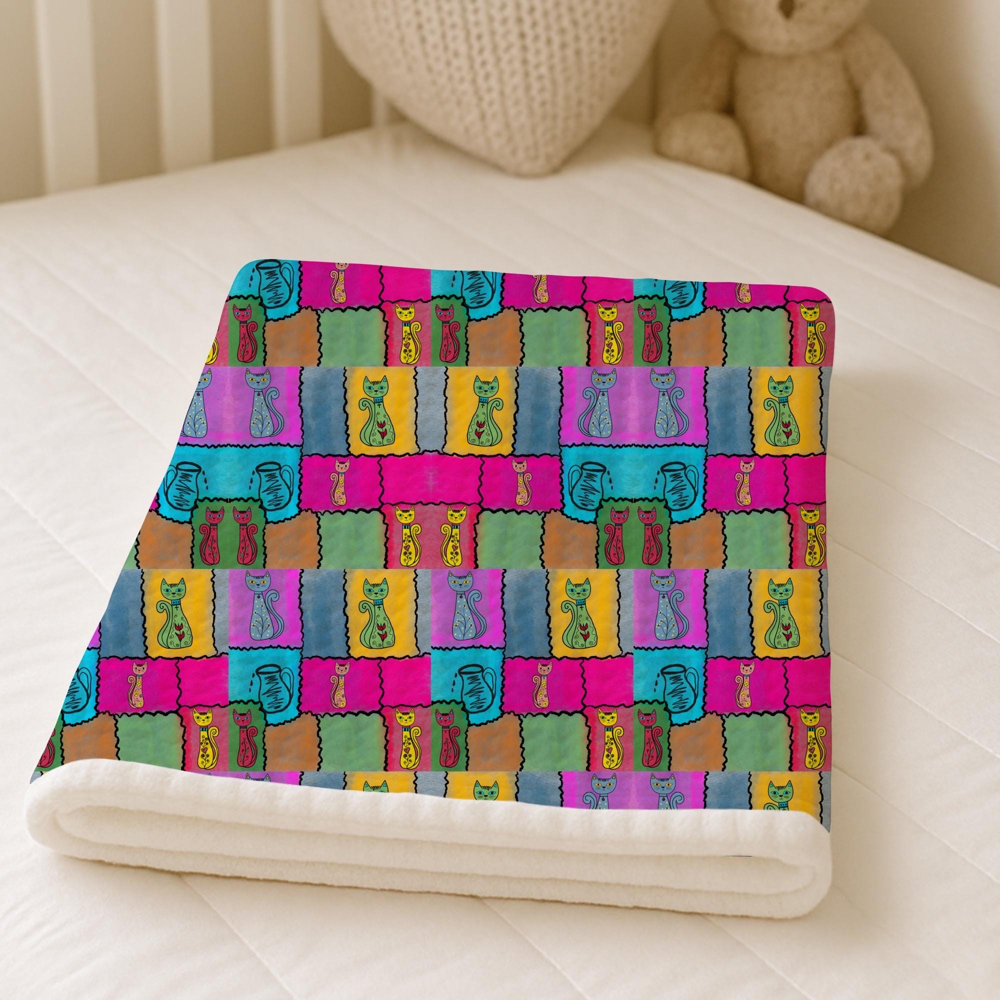 Whimsical Cat Patchwork Fabric – Folk Art Naive Illustration, Boho Quilting Cotton