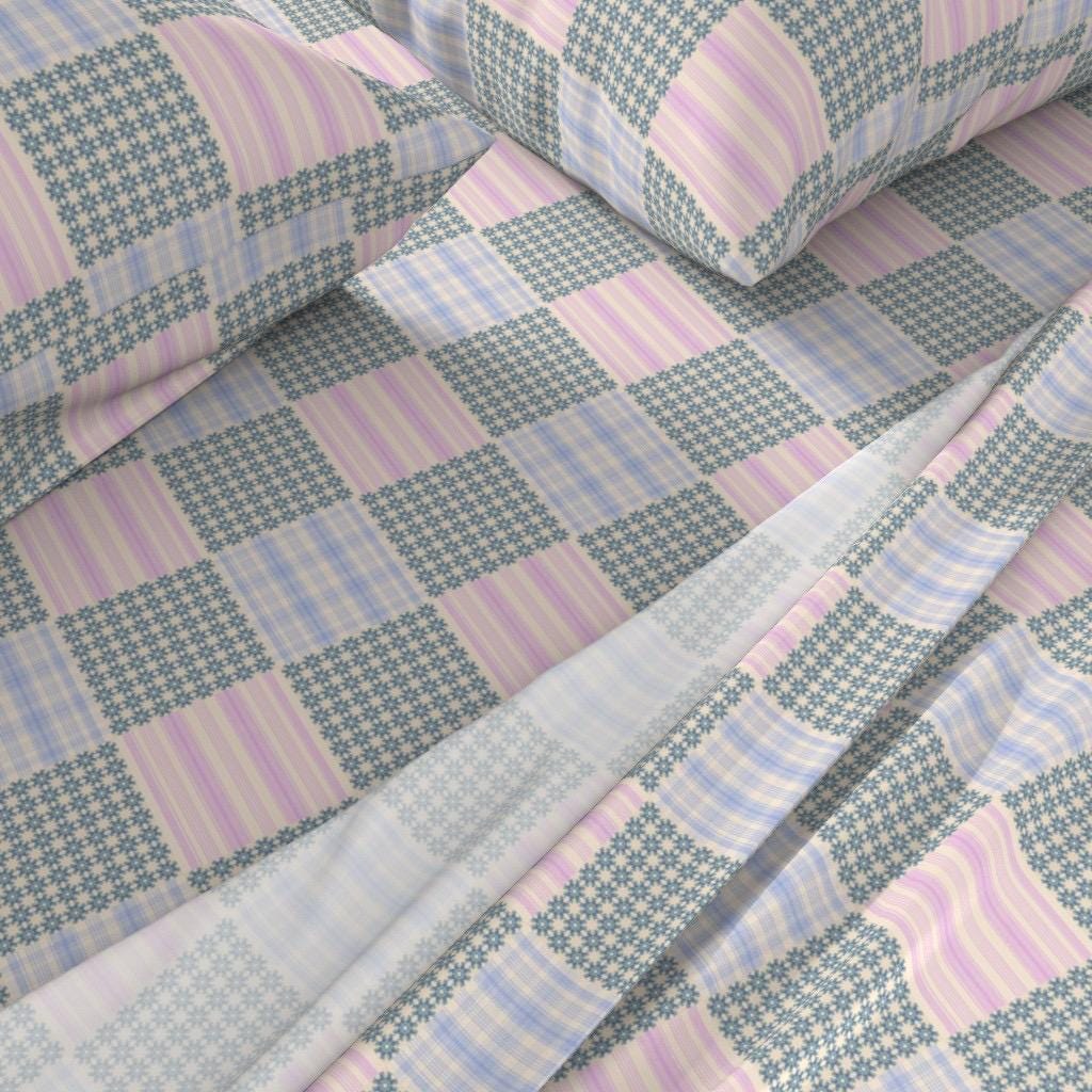 Vintage Patchwork Cotton Fabric, Blue Floral Pink Stripe, Pastel Quilting Material
