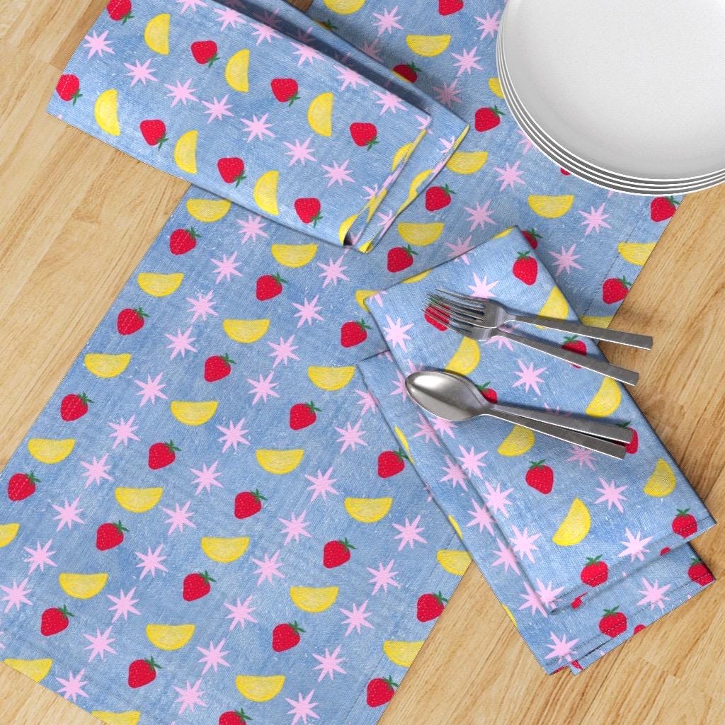 Strawberry Lemon Blue Denim fabric, vintage inspired textile, Fabric by the yard.