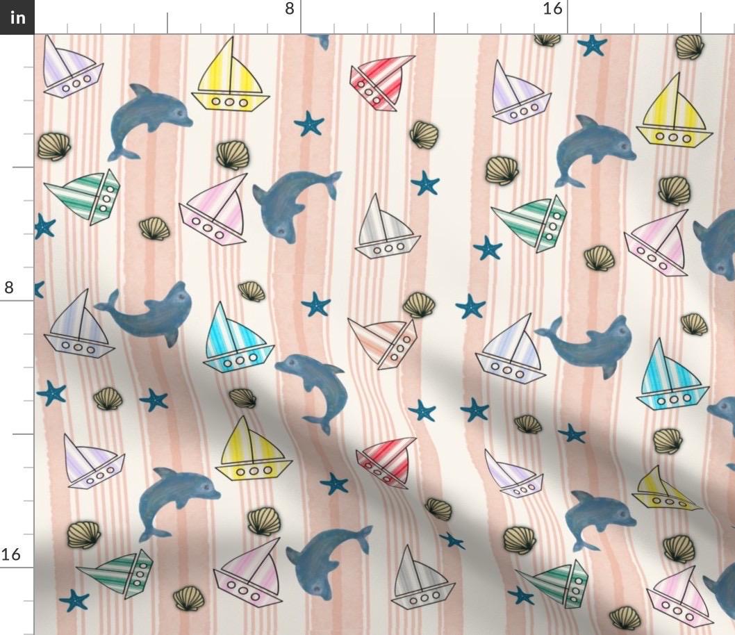 Pastel Dolphin Sailboat Nautical Cotton Fabric, Watercolor Ocean Baby Pattern