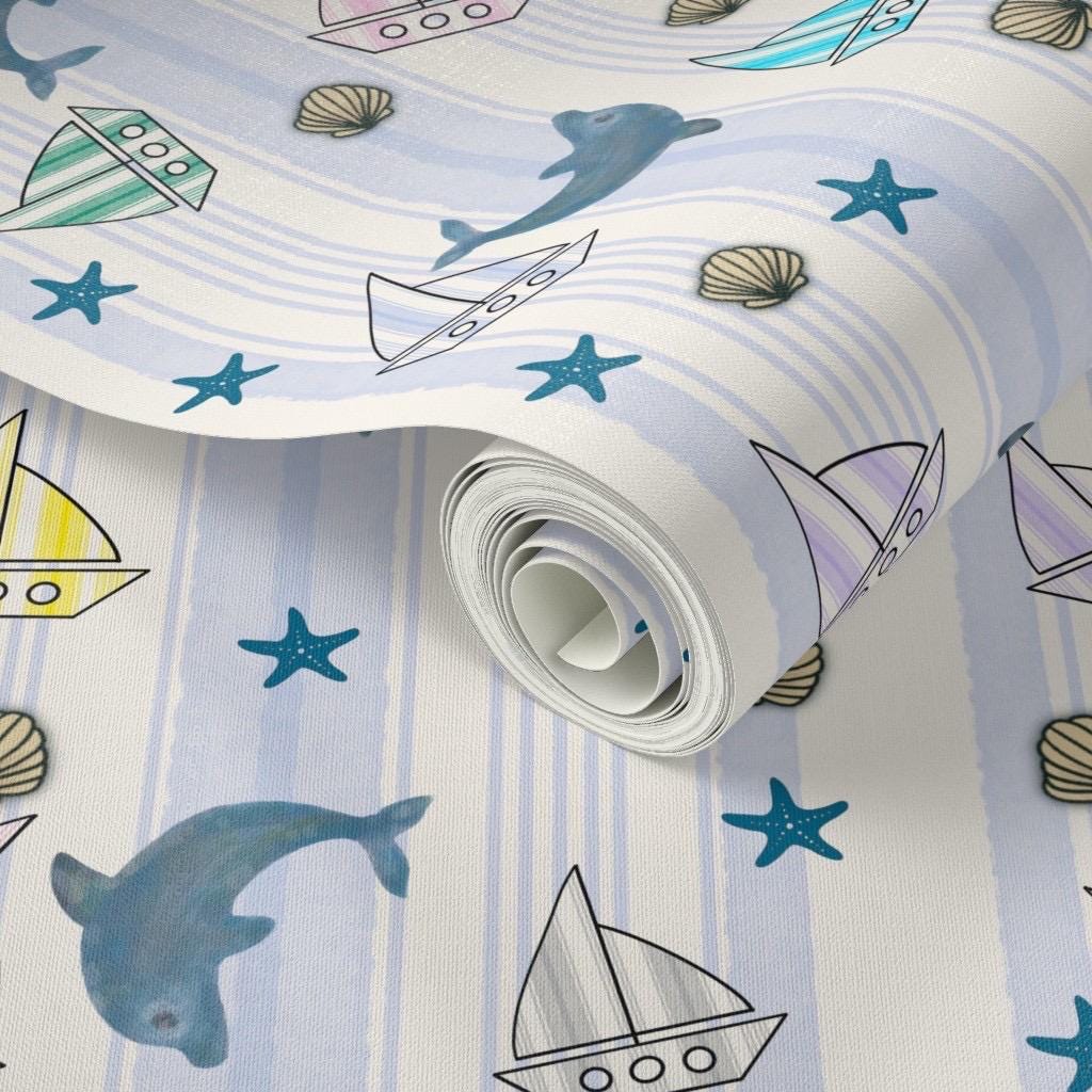 Ocean Dolphin Sailboat Nursery Fabric, Coastal Nautical Cotton Pattern