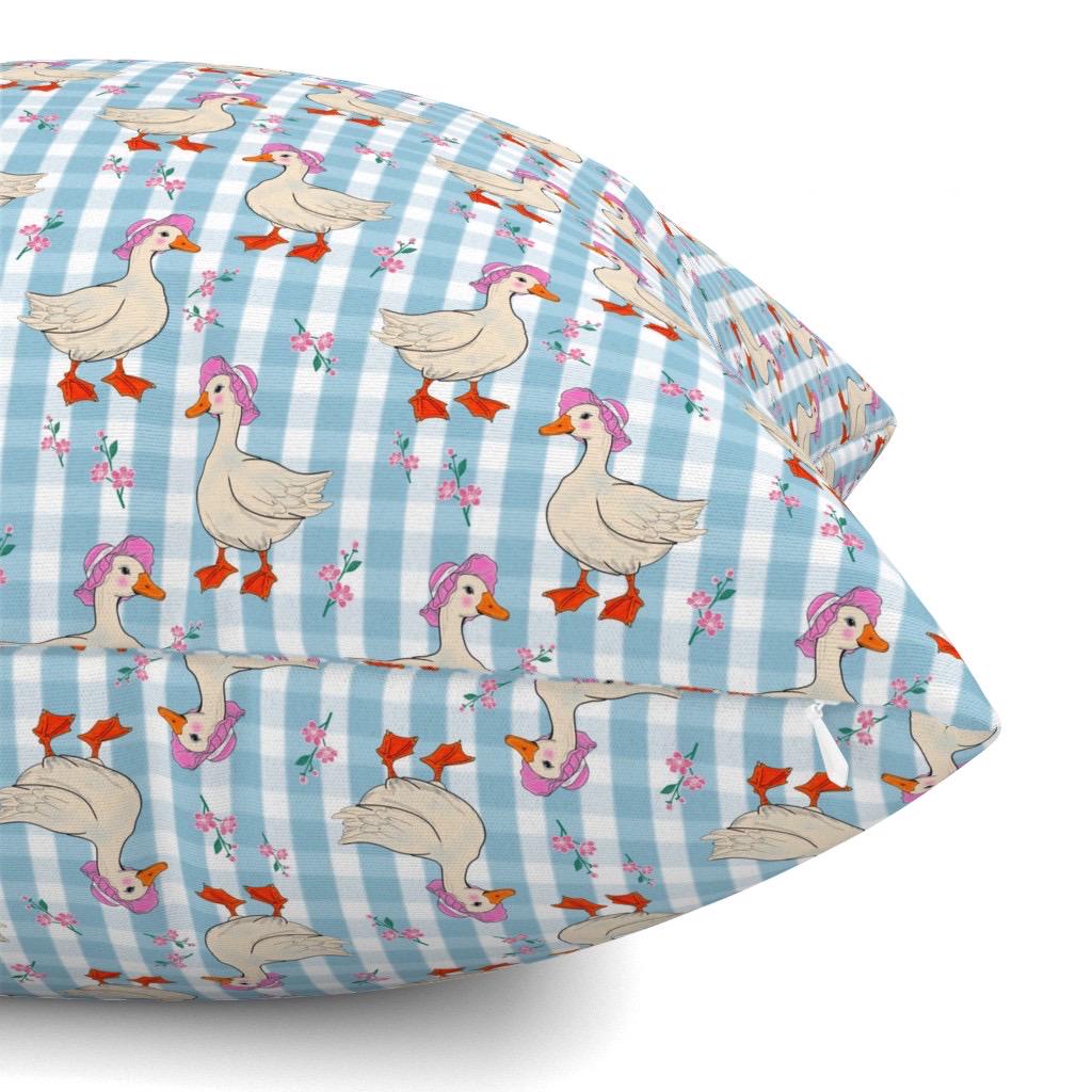 Blue Goose Gingham Fabric, Cottagecore Duck Seamless Pattern, Coquette Farmhouse Floral Plaid Print, Cute Vintage Goose Fabric for Baby