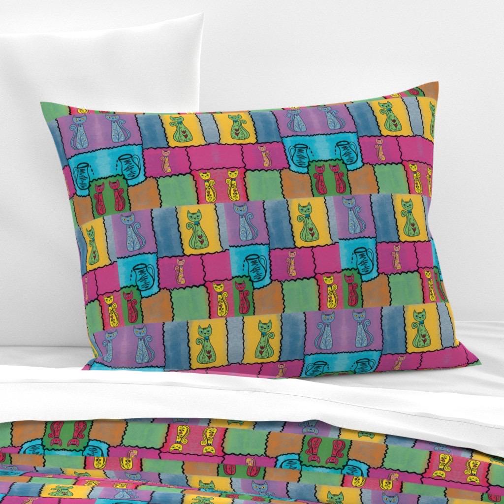 Whimsical Cat Patchwork Fabric – Folk Art Naive Illustration, Boho Quilting Cotton
