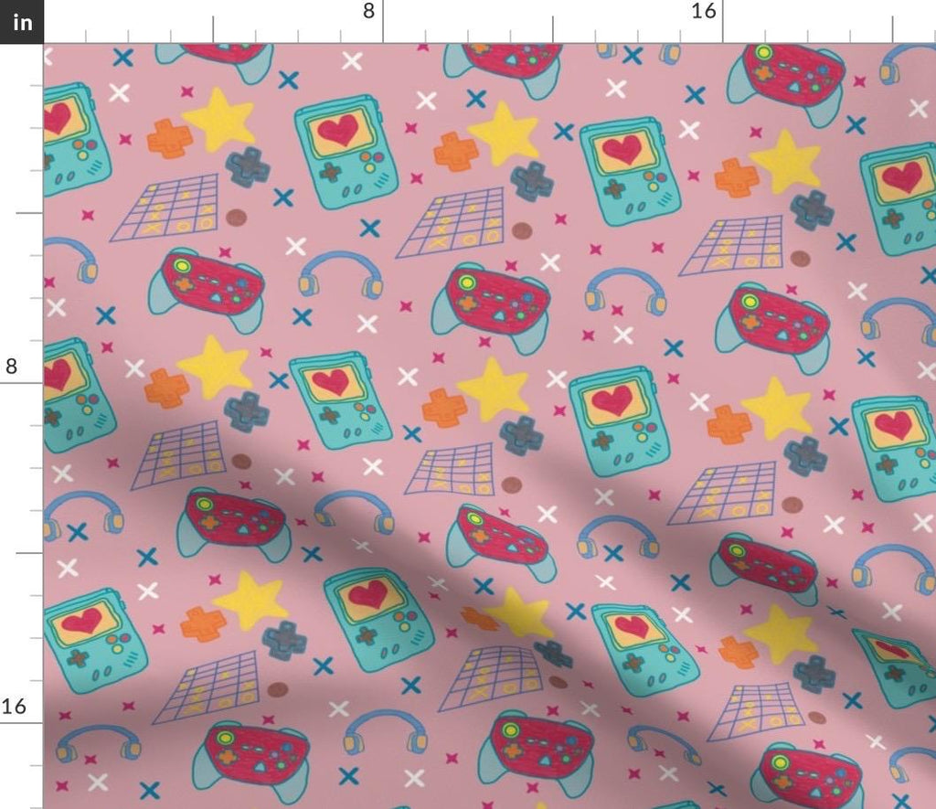 Retro Video Game Controller Cotton Fabric, Pink Gaming Print, Quilting Apparel Crafts