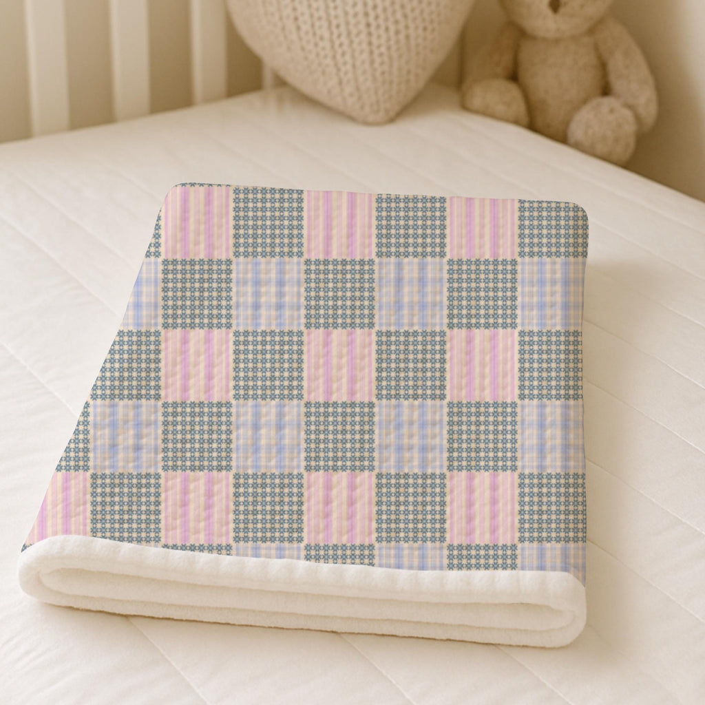 Vintage Patchwork Cotton Fabric, Blue Floral Pink Stripe, Pastel Quilting Material