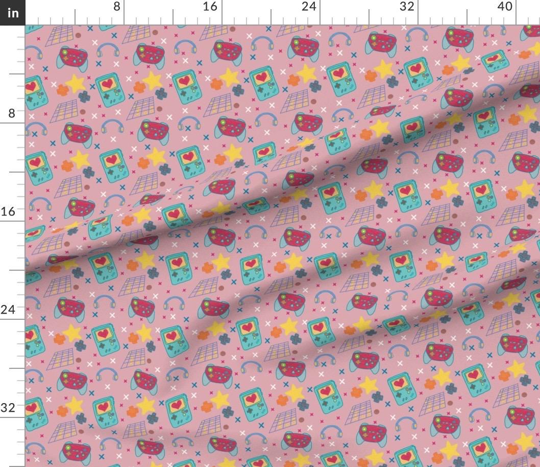 Retro Video Game Controller Cotton Fabric, Pink Gaming Print, Quilting Apparel Crafts