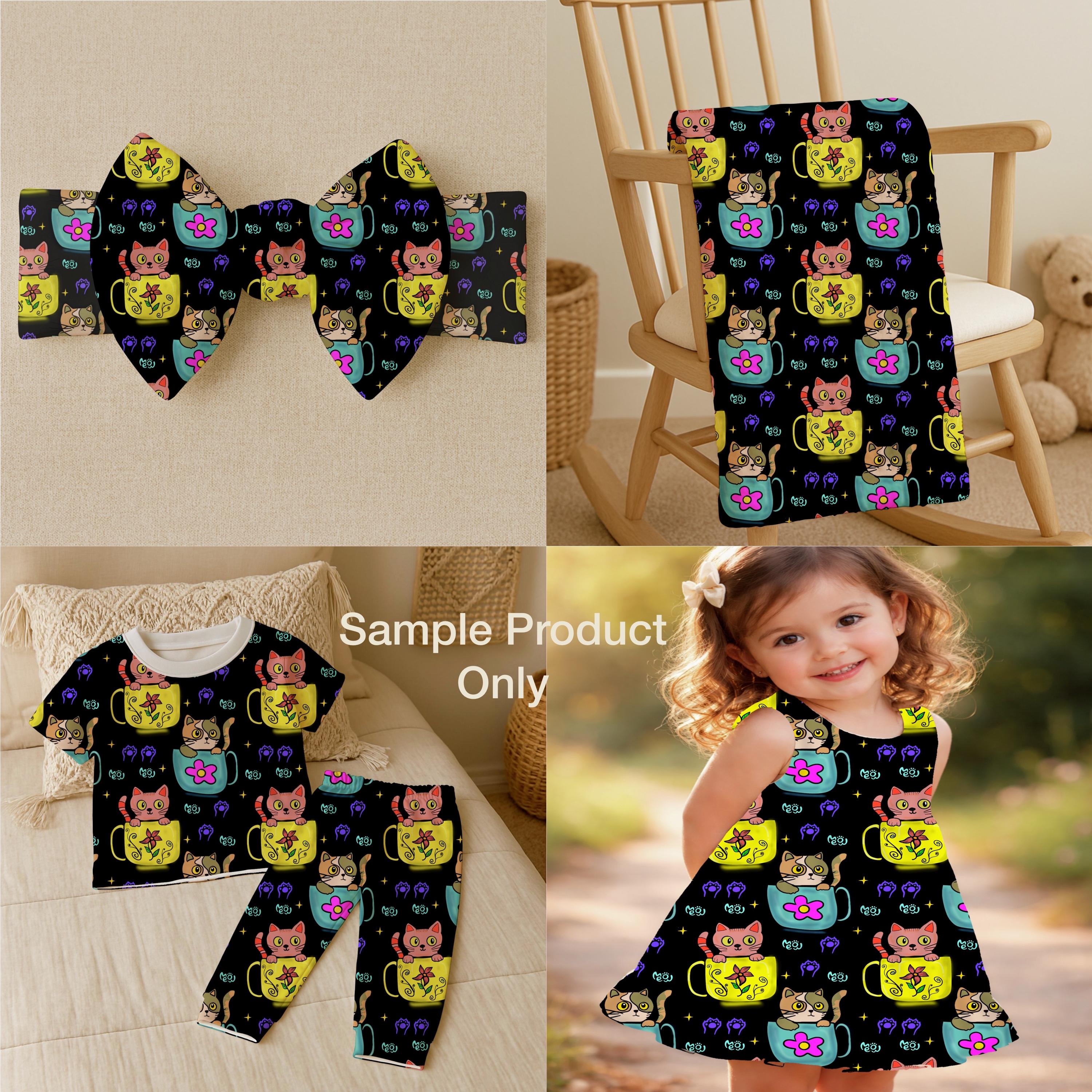 Kawaii Cat in Mug Fabric | Playful Kittens, Floral Accents, Whimsical Designs, fabric by the yard