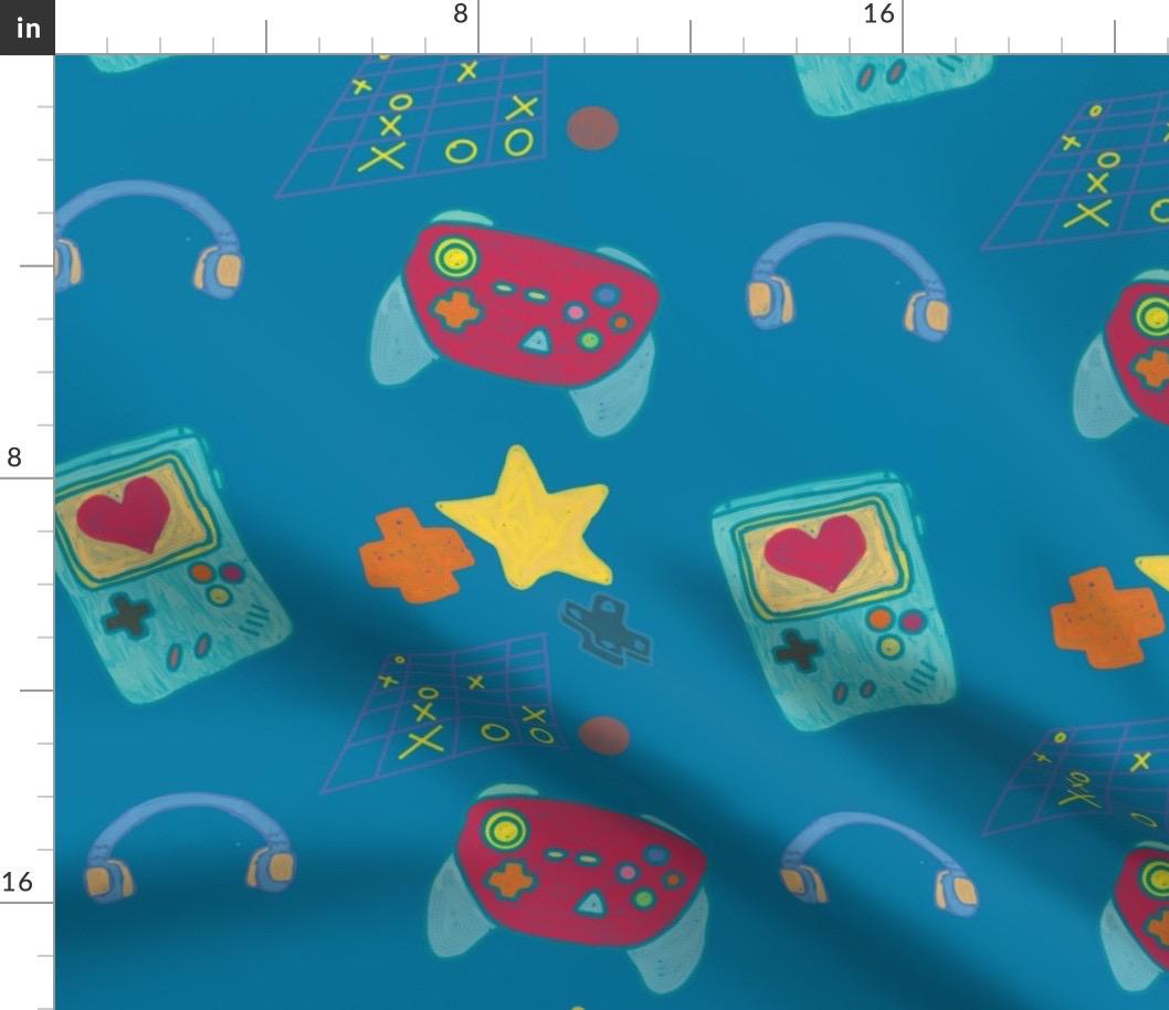 Retro Video Game Controllers  Fabric, Blue Quilting, Clothes, Accessories,Fabric by the yard.
