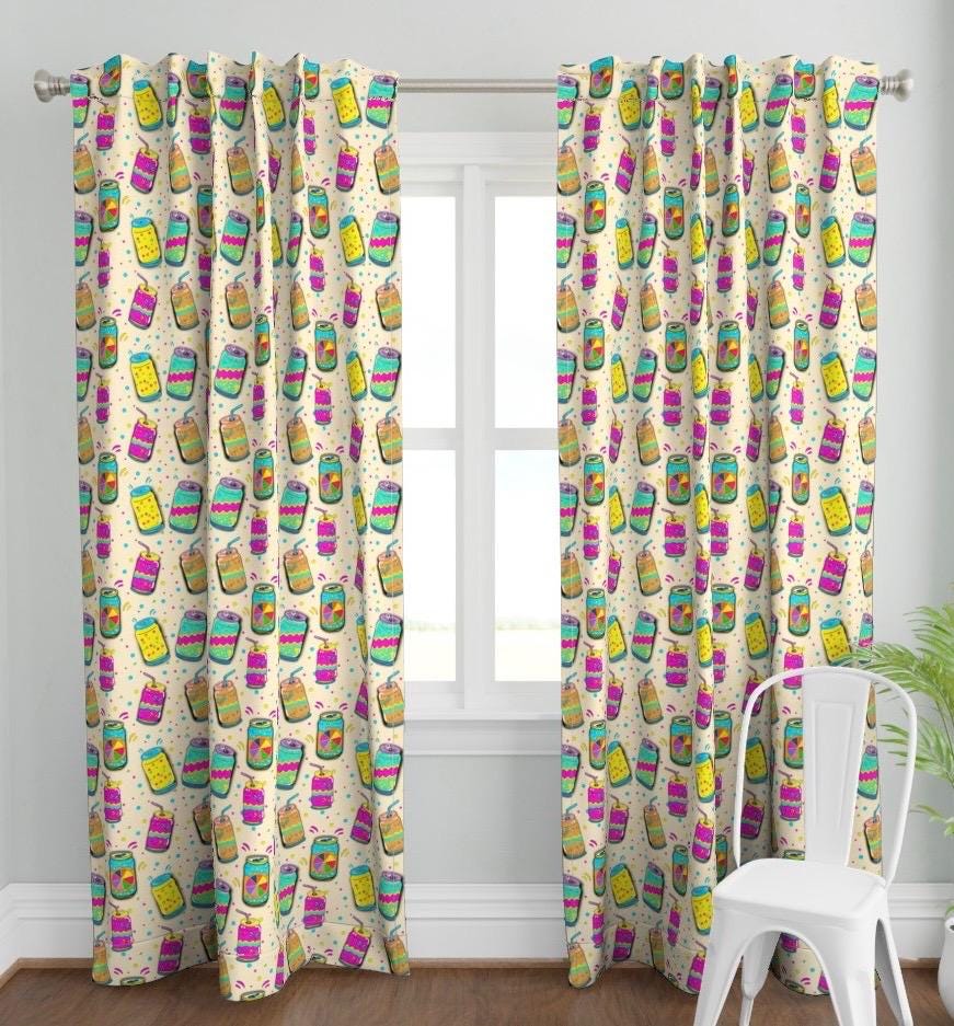 Retro Soda Pop Fabric, Playful Cans, Pop Art Pattern, Cotton or Satin