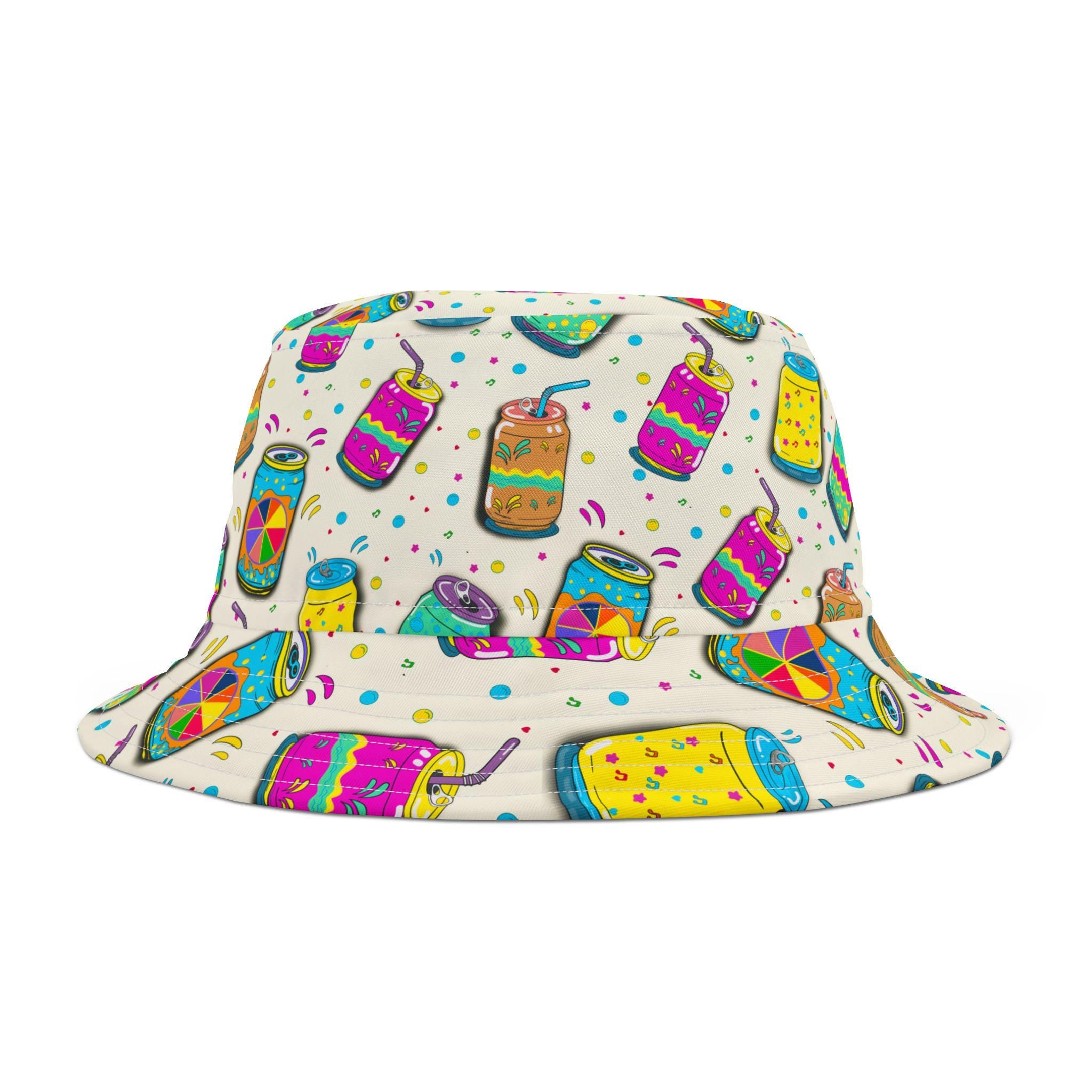 Colorful Soda Can Pattern Bucket Hat | Neon Pop Beverage Print