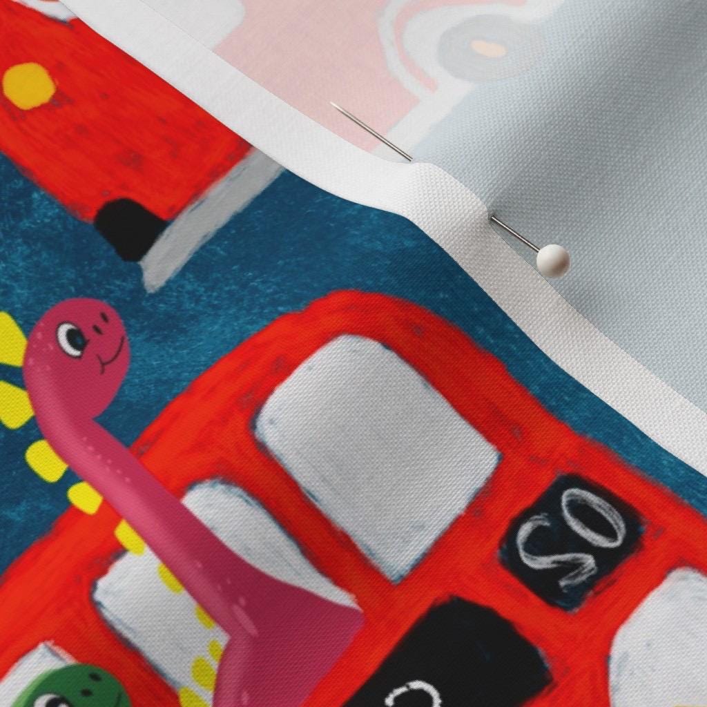 Dinosaur London Bus Fabric by the Yard | Kids Novelty Cotton Print