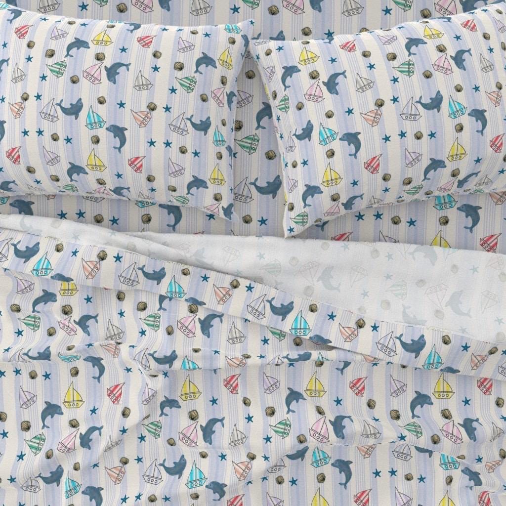 Ocean Dolphin Sailboat Nursery Fabric, Coastal Nautical Cotton Pattern