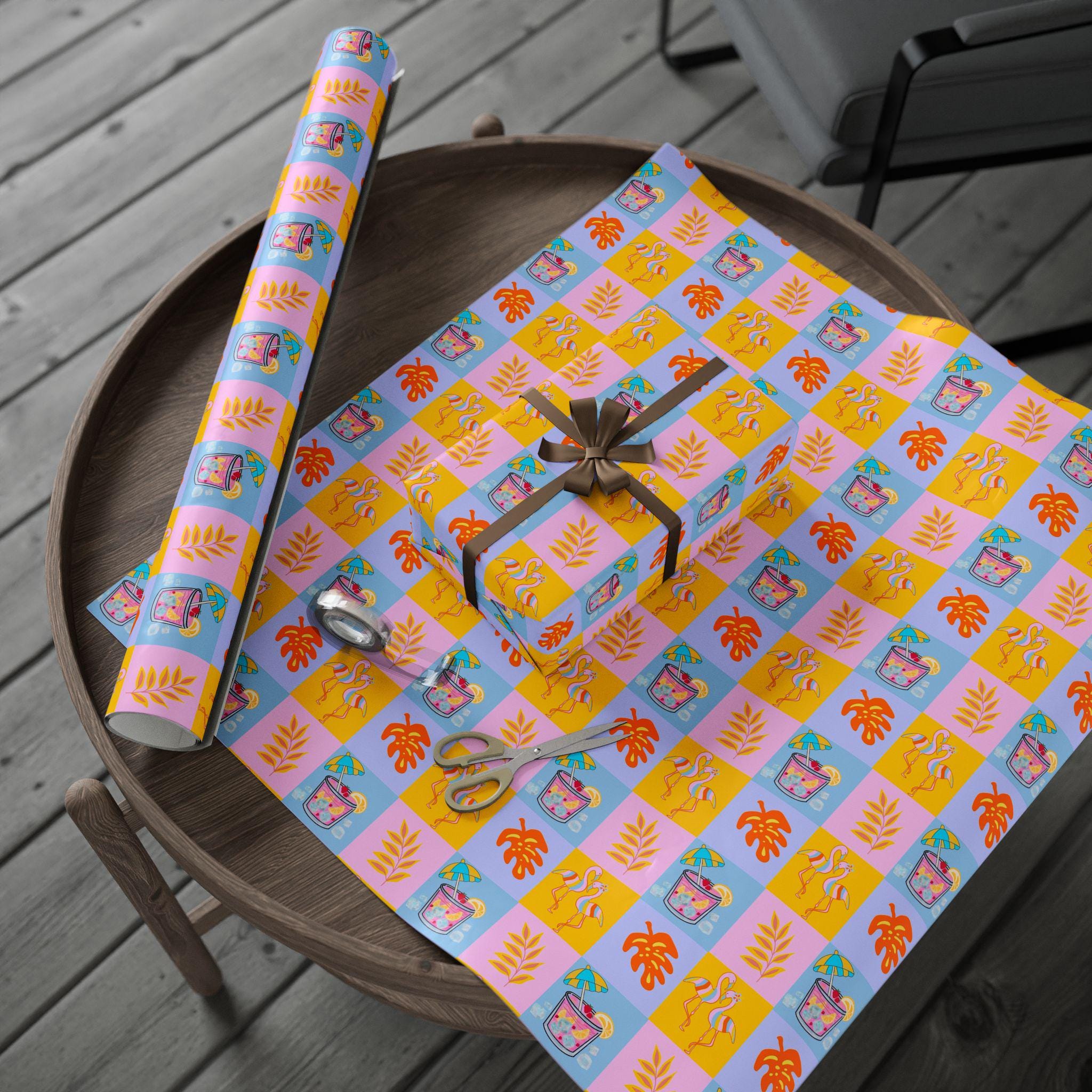 Colorful Tropical Pattern Wrapping Paper | Palm Leaves, Flip Flops, Summer Motif