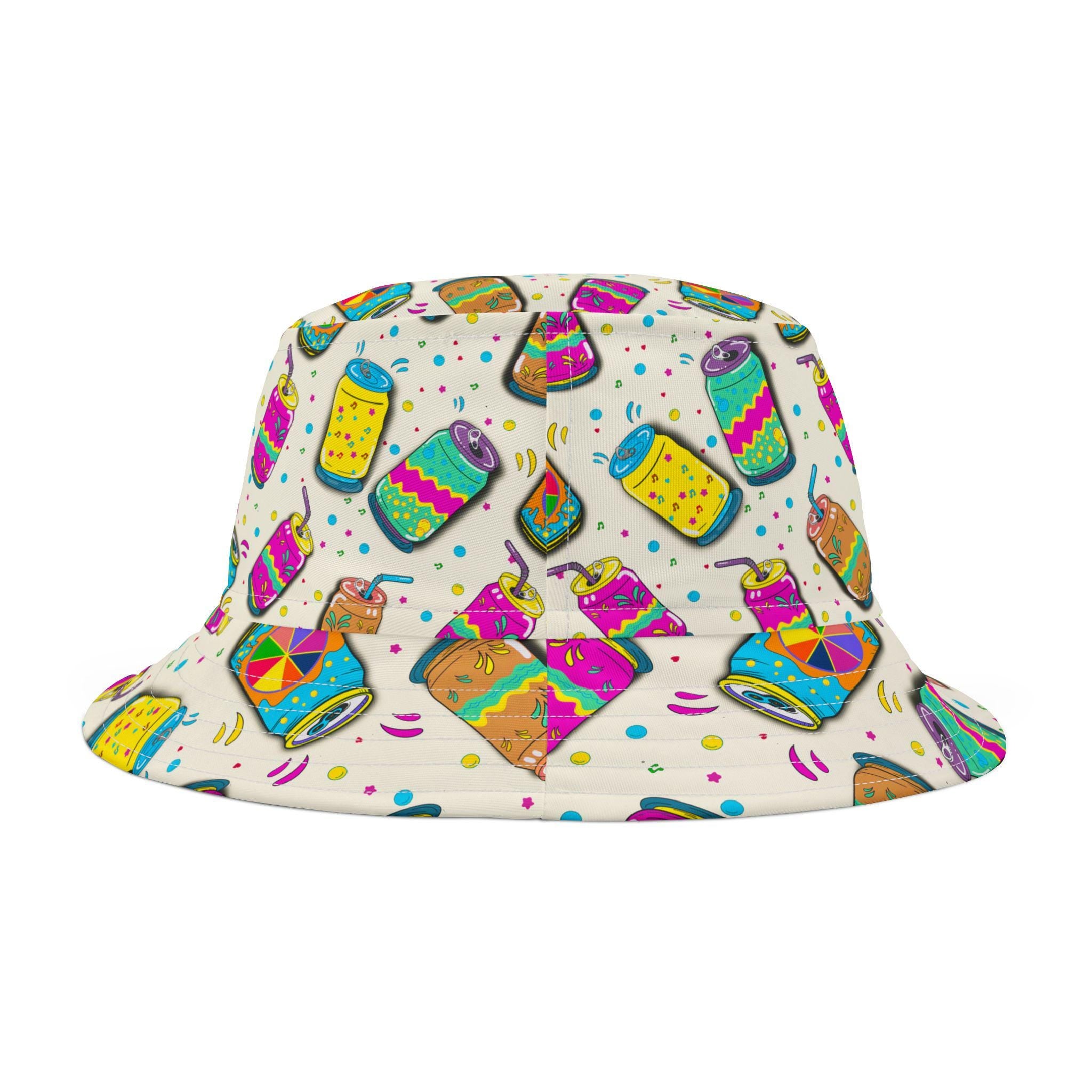 Colorful Soda Can Pattern Bucket Hat | Neon Pop Beverage Print