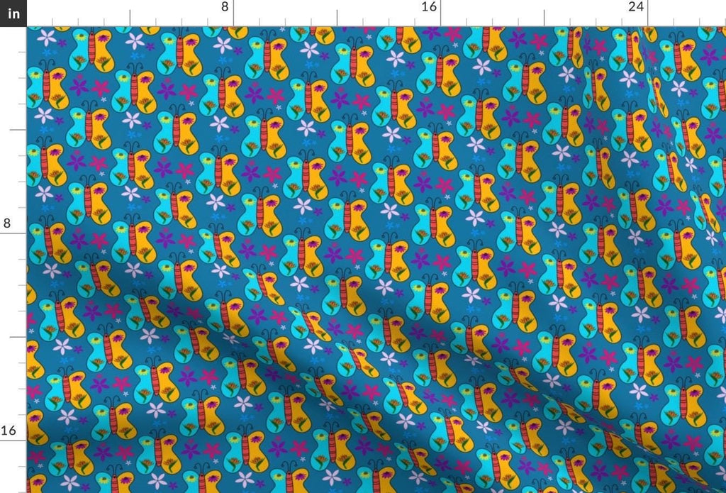 Teal Blue Butterfly Floral Fabric | Boho Quilting Cotton by Yard