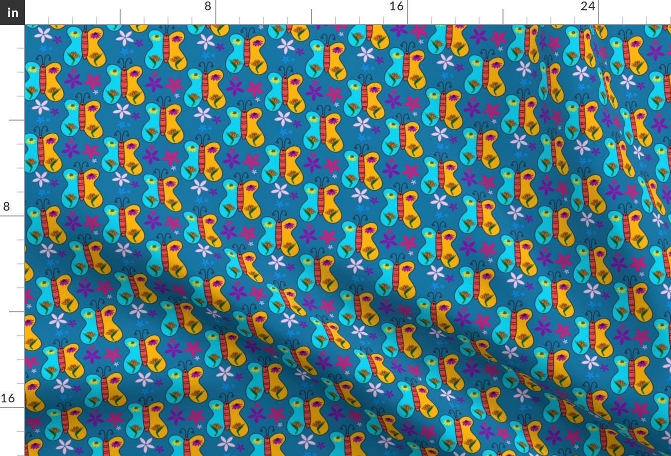 Teal Blue Butterfly Floral Fabric | Boho Quilting Cotton by Yard