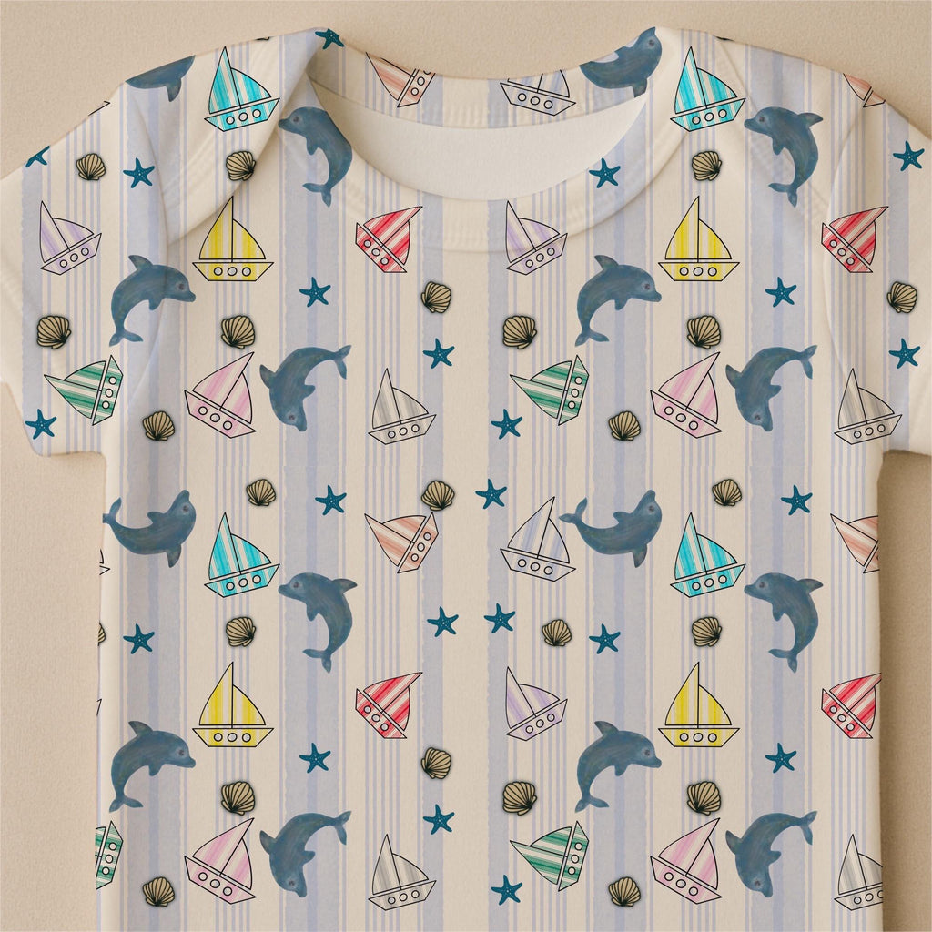 Ocean Dolphin Sailboat Nursery Fabric, Coastal Nautical Cotton Pattern