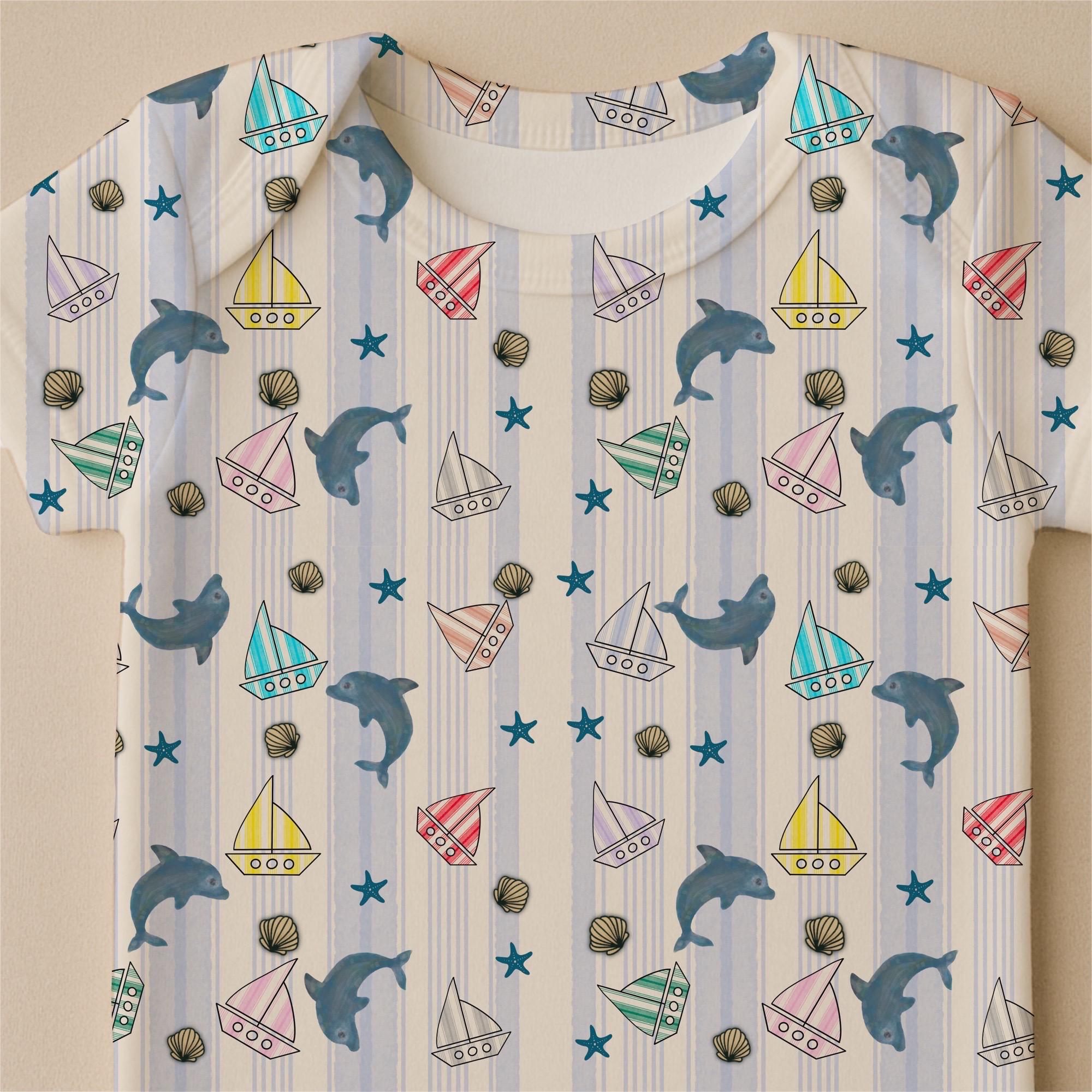 Ocean Dolphin Sailboat Nursery Fabric, Coastal Nautical Cotton Pattern