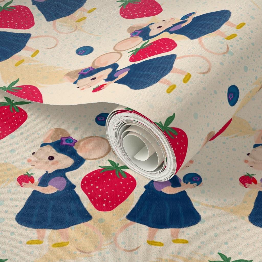 Cream Mouse Strawberry Fabric, Cottagecore Nursery Print, Baby Girl Apparel, Fabric by Yard