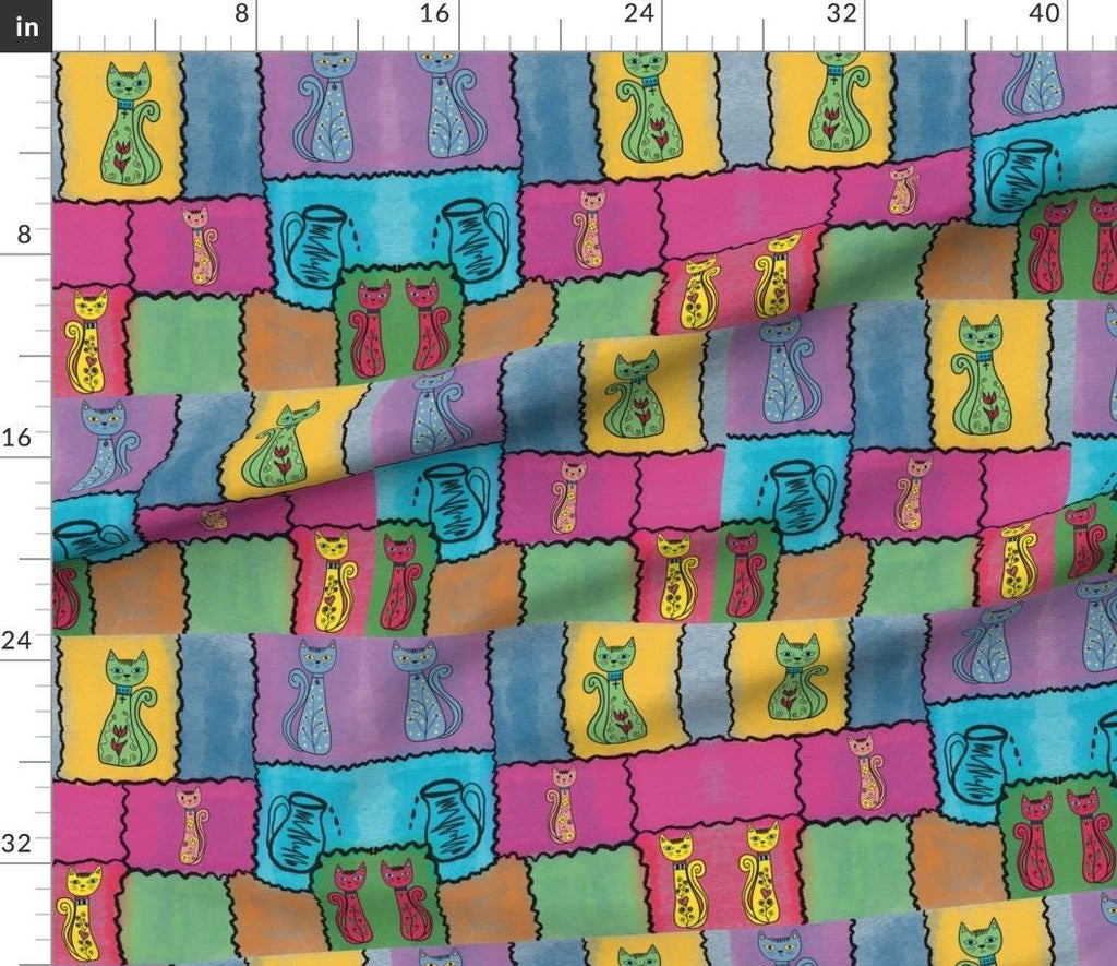 Whimsical Cat Patchwork Fabric – Folk Art Naive Illustration, Boho Quilting Cotton