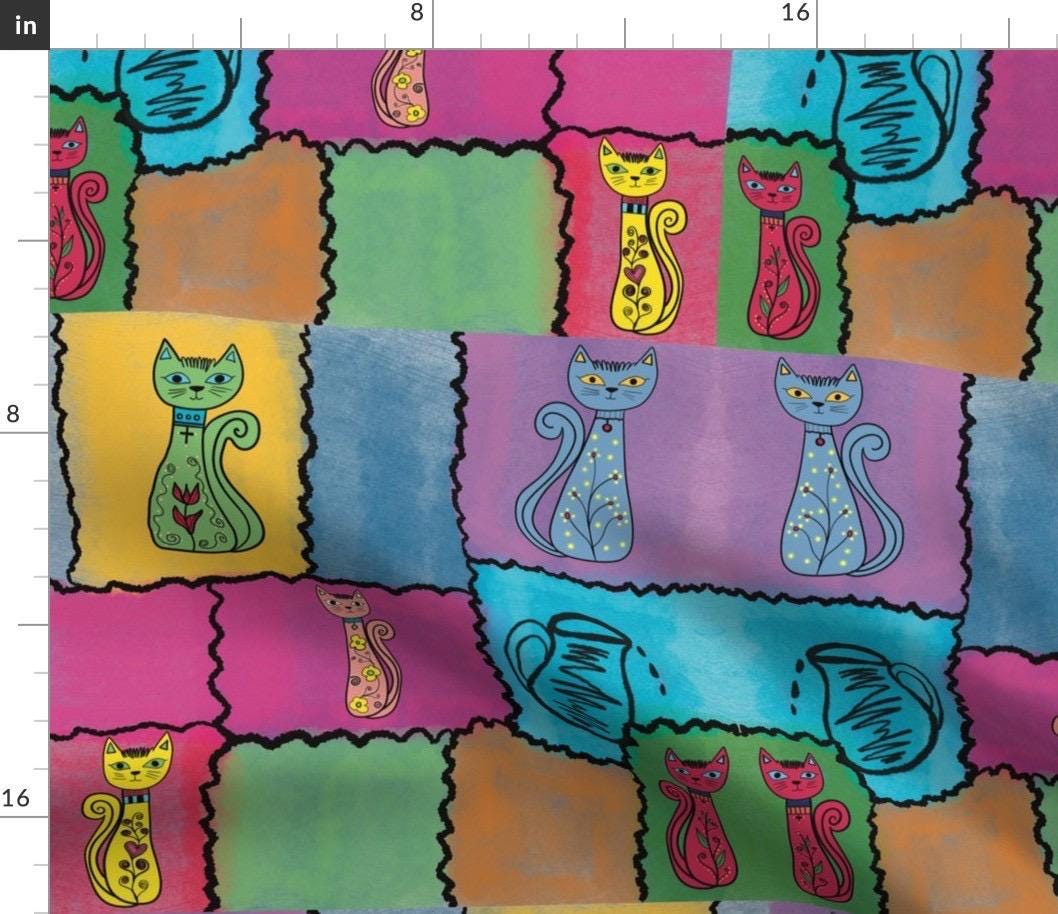 Whimsical Cat Patchwork Fabric – Folk Art Naive Illustration, Boho Quilting Cotton
