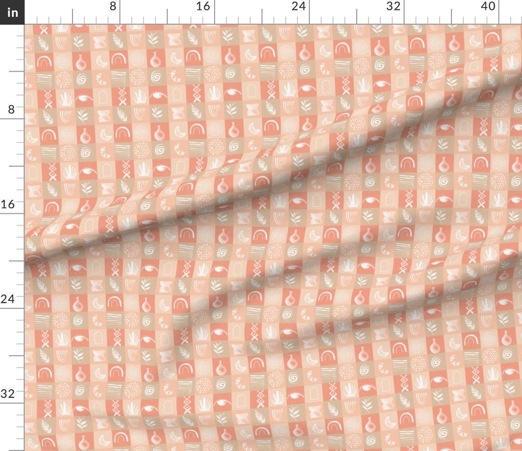 Boho Checker Fabric | Folk Art Mystical Eye, Vase, Rainbow Print (by the Yard)