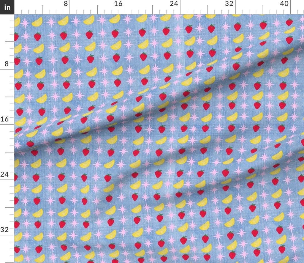 Strawberry Lemon Blue Denim fabric, vintage inspired textile, Fabric by the yard.