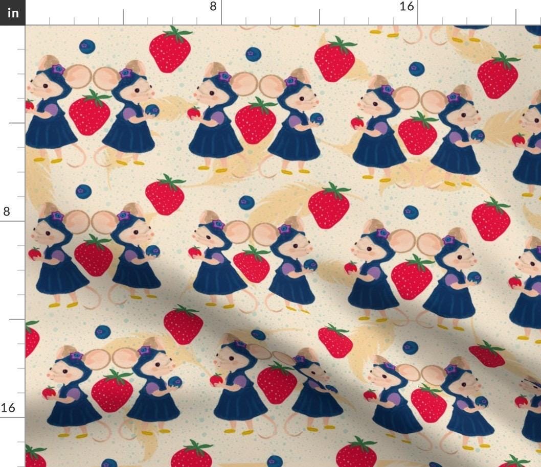 Cream Mouse Strawberry Fabric, Cottagecore Nursery Print, Baby Girl Apparel, Fabric by Yard