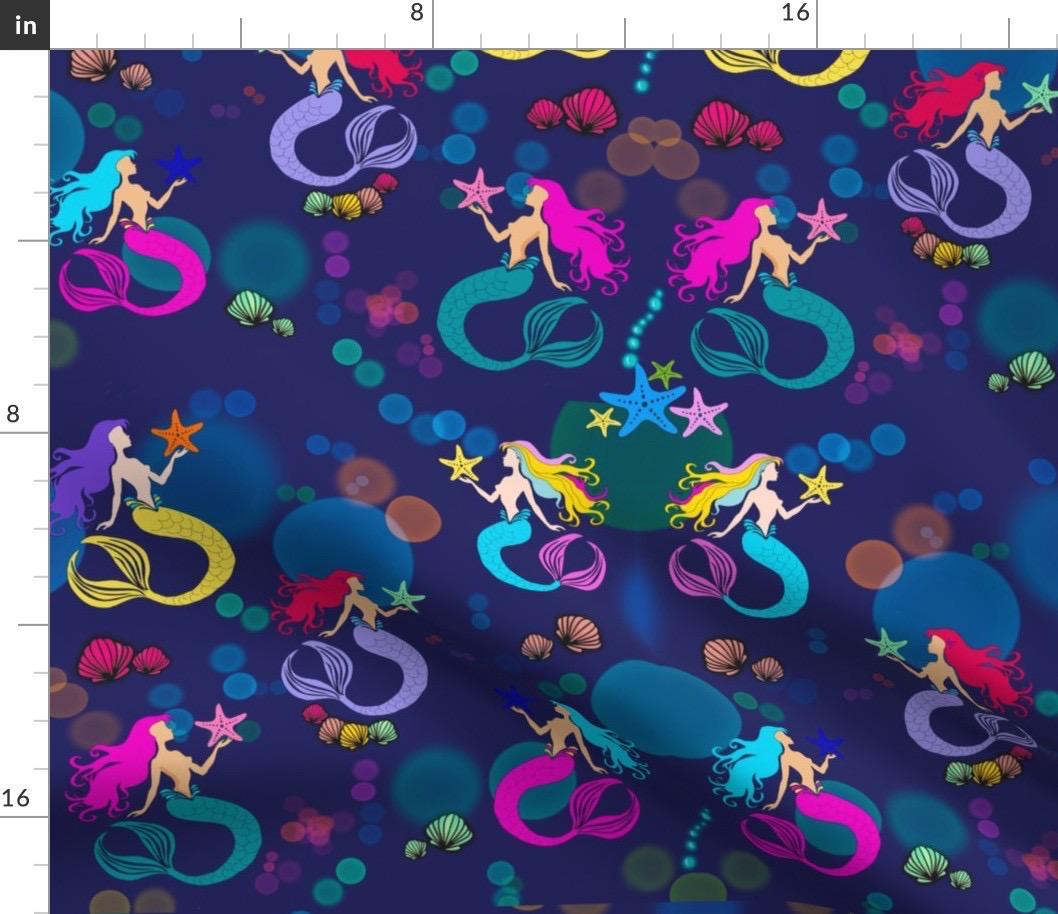 Dark Blue Mermaid Fabric, Quilting Cotton, Apparel Prints