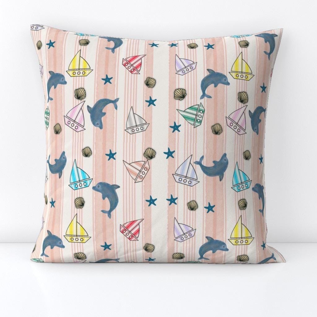 Pastel Dolphin Sailboat Nautical Cotton Fabric, Watercolor Ocean Baby Pattern