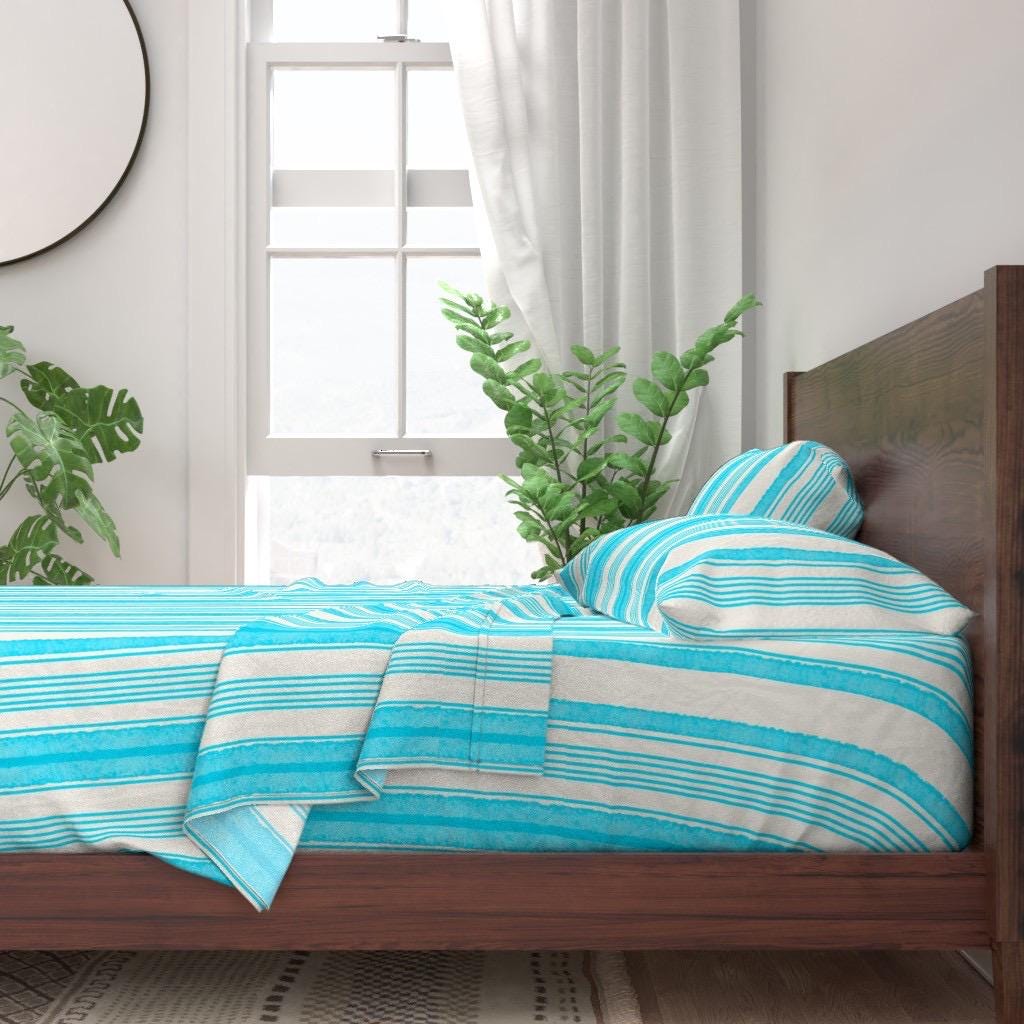 Turquoise Watercolor Stripe Fabric, Coastal Beach House Pattern
