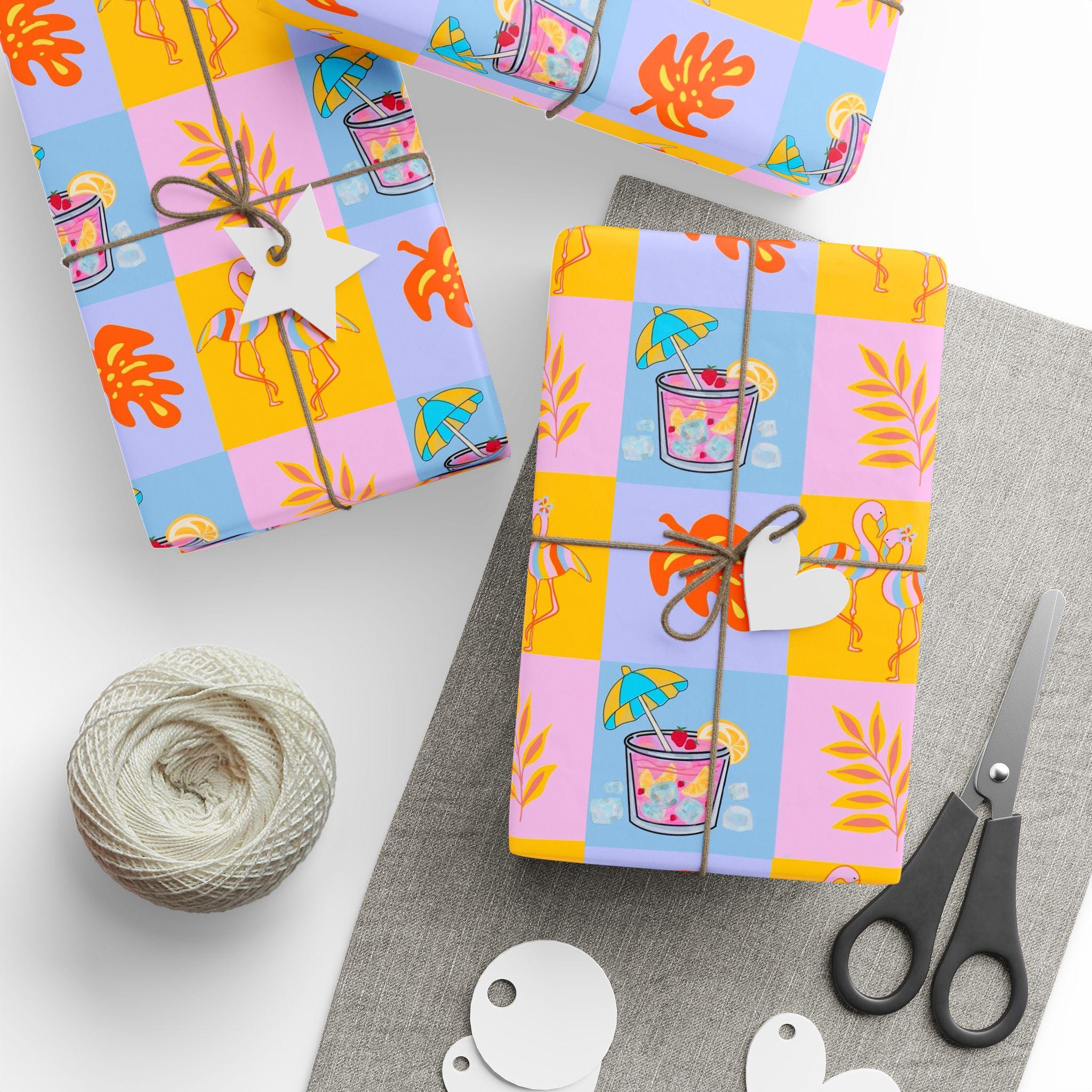 Colorful Tropical Pattern Wrapping Paper | Palm Leaves, Flip Flops, Summer Motif