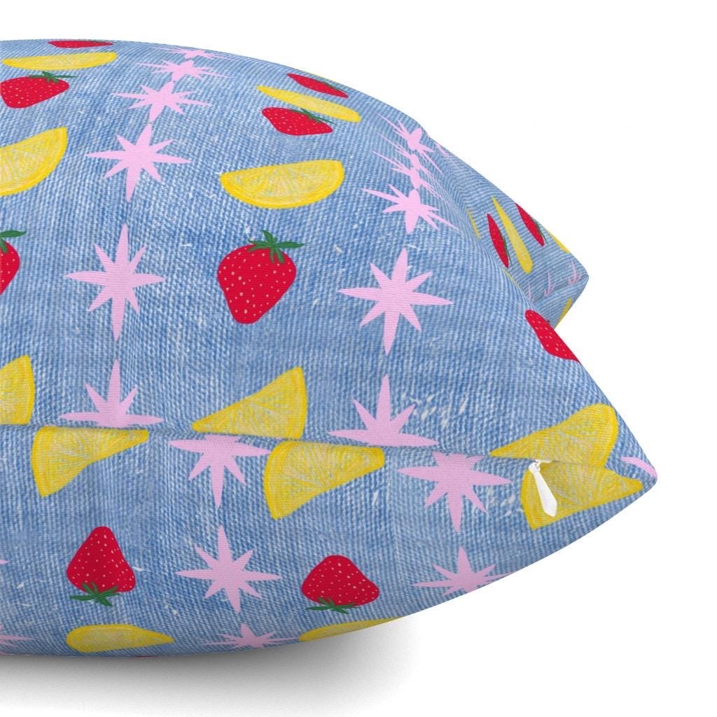 Strawberry Lemon Blue Denim fabric, vintage inspired textile, Fabric by the yard.